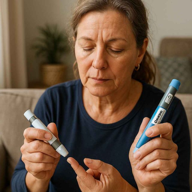 Patient tracking blood sugar with a glucometer and Ozempic pen on table