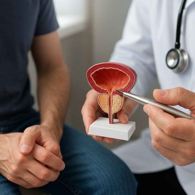 Doctor and male patient reviewing prostate cancer causes and risk factors