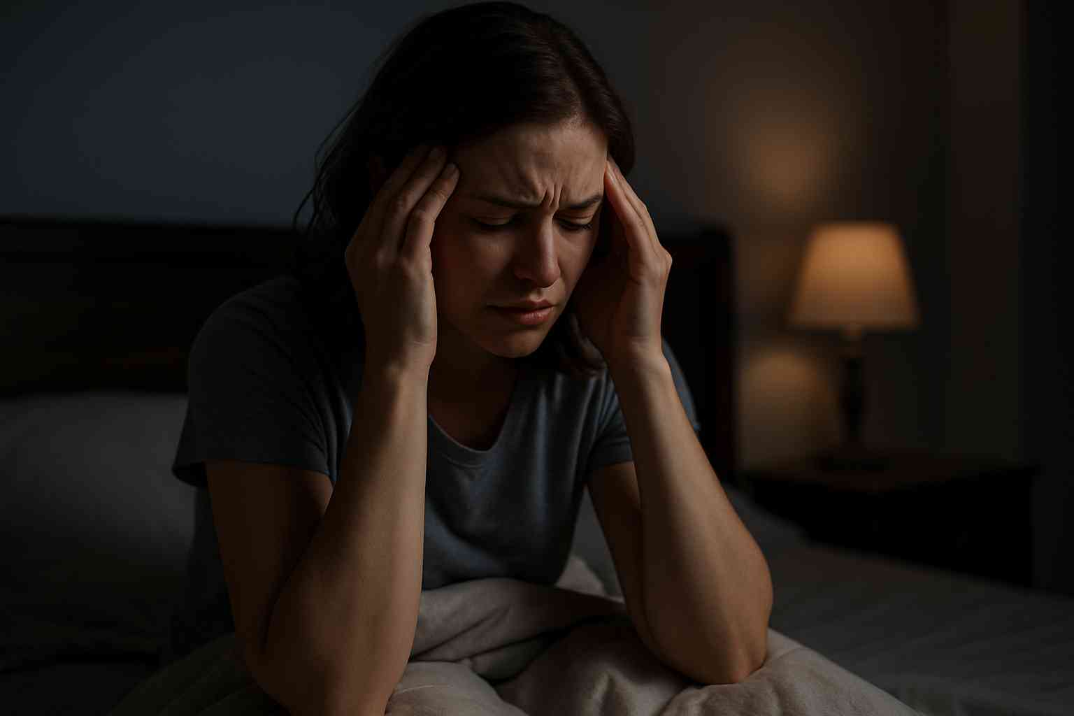 chronic-illness-nighttime-symptoms.jpg Woman with chronic illness holding head in pain during nighttime flare