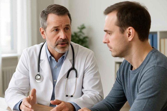 Doctor talking to patient about stages of HIV symptoms in a clinical setting.