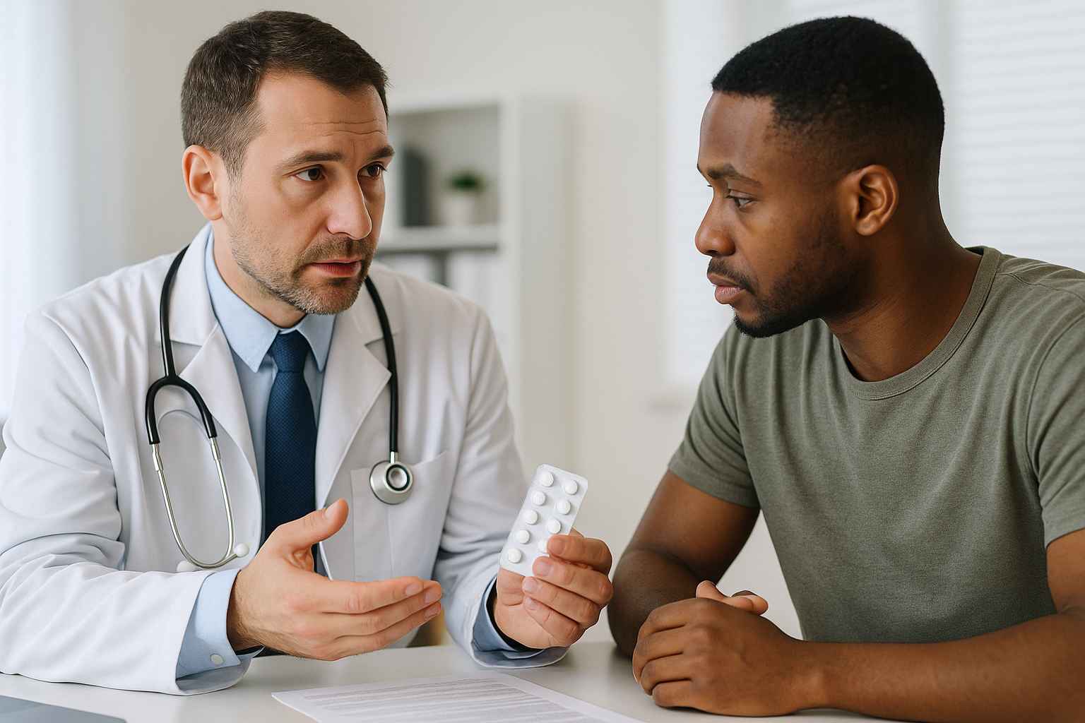 HIV Treatment Medication Consultation Doctor reviewing HIV medication plan with a patient in clinic.