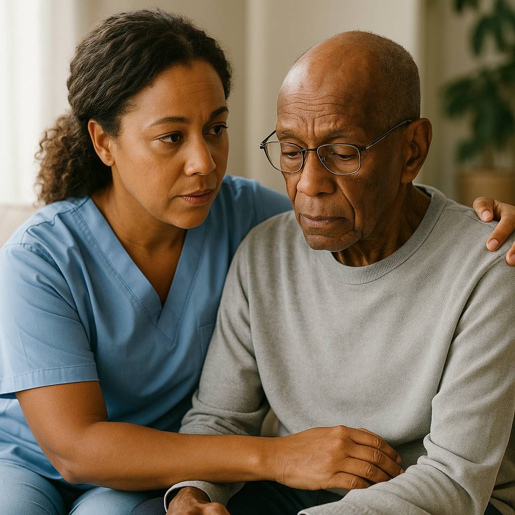 Female Caregiver Comforting an HIV Patient Caregiver providing emotional support to HIV patient