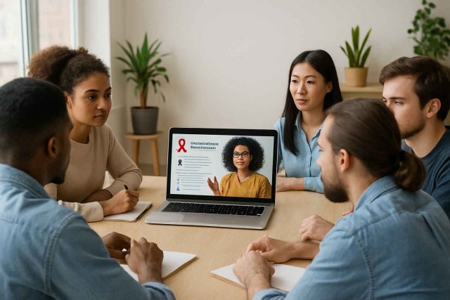 Diverse young adults attending a virtual workshop on Aids Education.