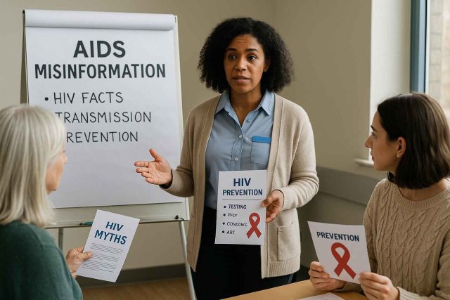 Community session about HIV myths and AIDS misinformation with educational handouts