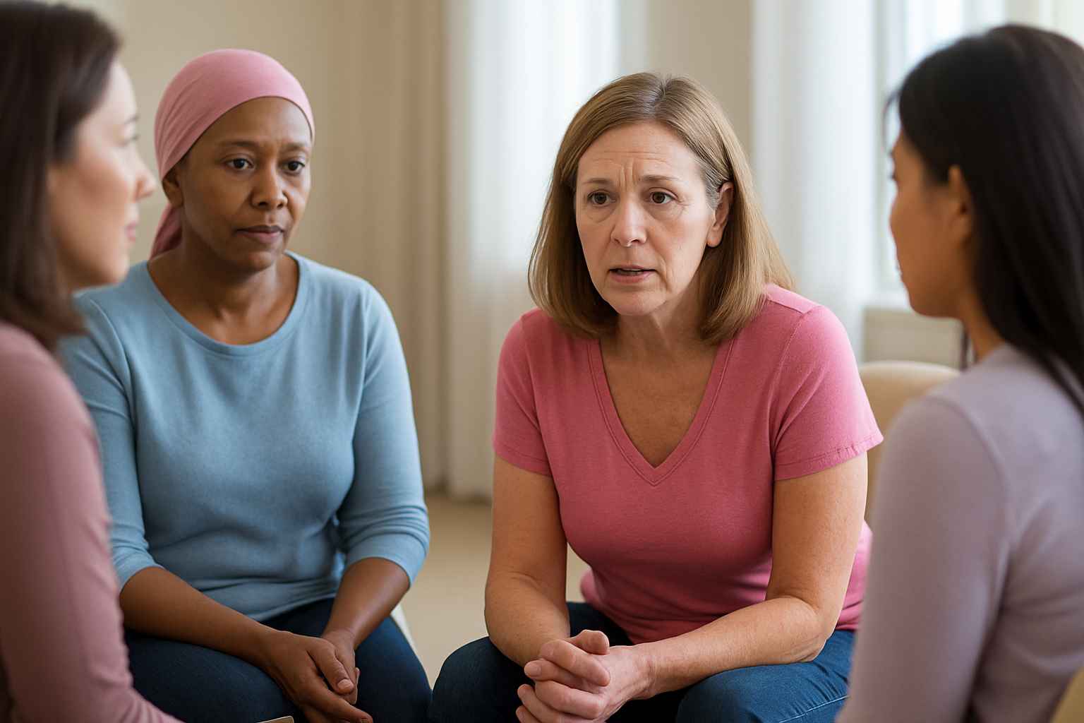 Breast Cancer Support Group in Conversation Women in breast cancer support group talking and listening with care