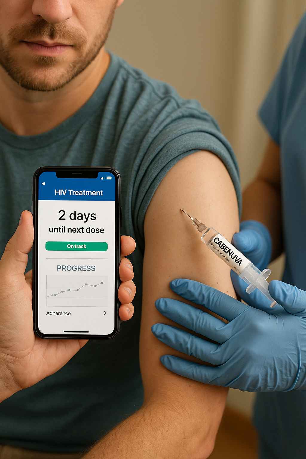 HIV Treatment Trends 2025 Injection and App Person receiving HIV injection alongside smartphone app for treatment tracking in 2025