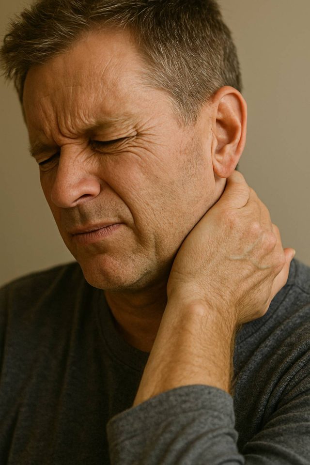 Adult male experiencing chronic pain at home.