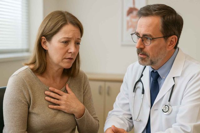 Physician talking with a patient about causes of acid reflux in a medical office