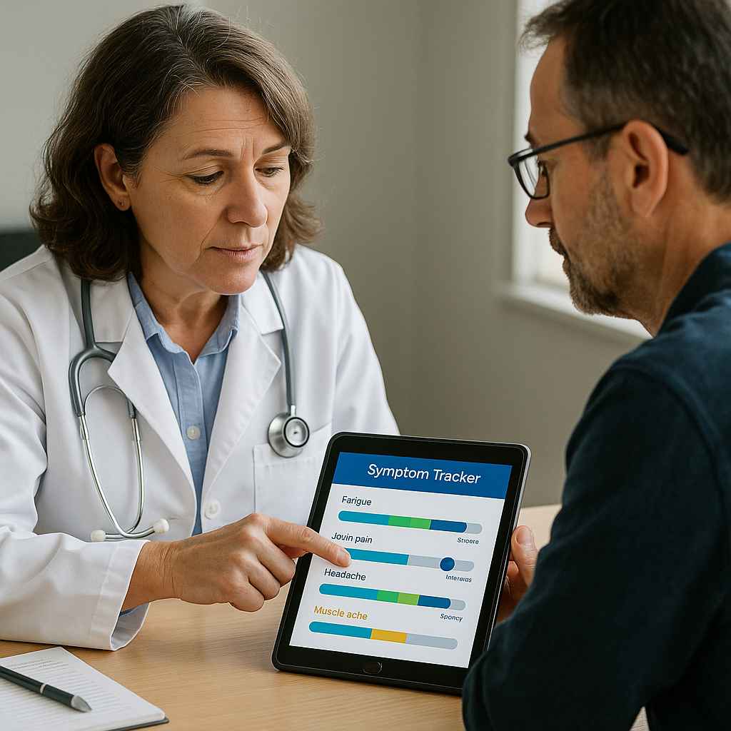 Chronic Illness Support Consultation 2025 Healthcare provider and patient using tablet to manage chronic illness symptoms together