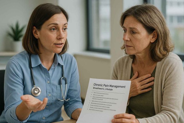 Patient and provider discussing non-drug chronic pain relief methods in a clinical setting