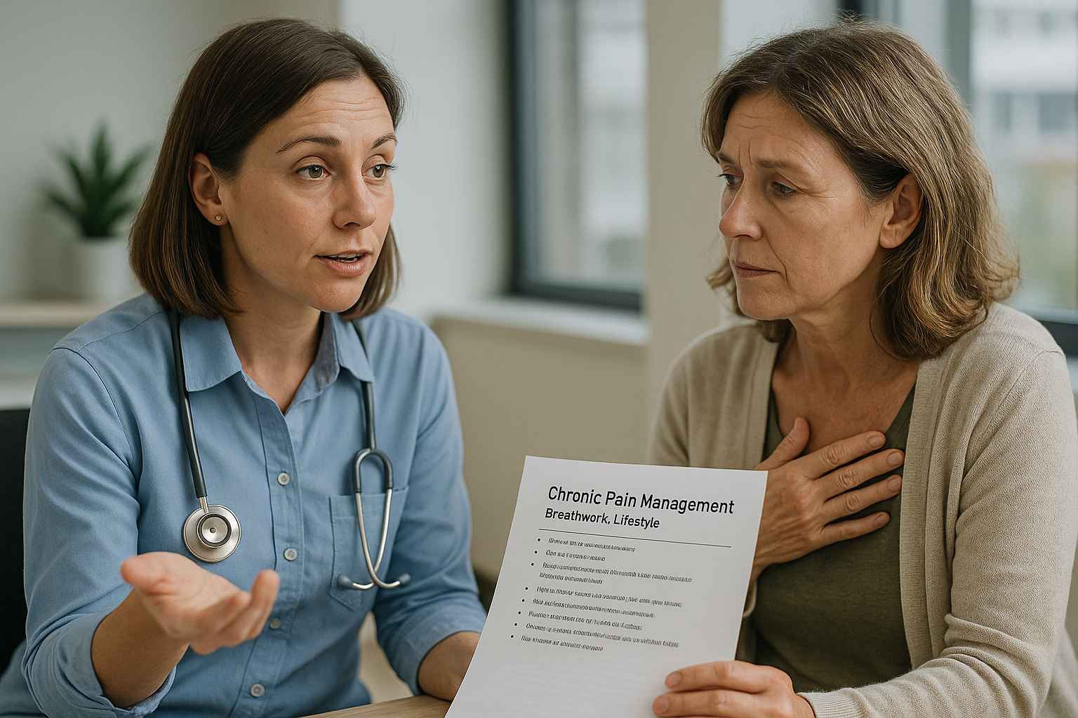 Holistic Chronic Pain Management Discussion Patient and provider discussing non-drug chronic pain relief methods in a clinical setting