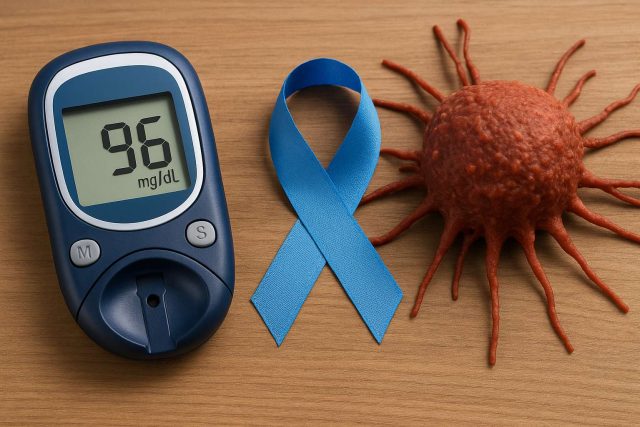 Healthcare professional discussing diabetes and cancer connection on a tablet.