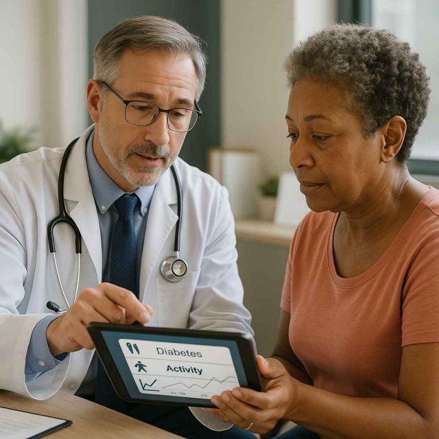 Clinician and patient reviewing lifestyle changes for diabetes on a digital tablet in a medical office