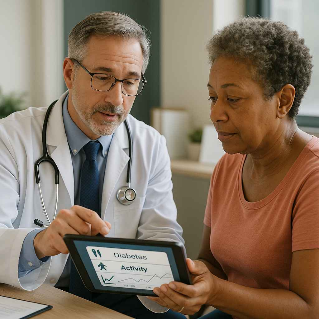 Diabetes Lifestyle Management Consultation 2025 Clinician and patient reviewing lifestyle changes for diabetes on a digital tablet in a medical office