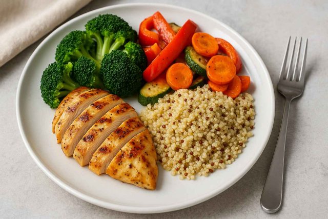 Healthy diet plate with lean protein, grains, and vegetables for Type 2 diabetes
