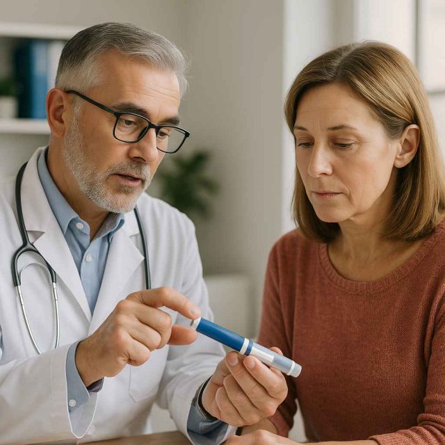 Doctor teaching patient about Dulaglutide injection technique during diabetes consultation.