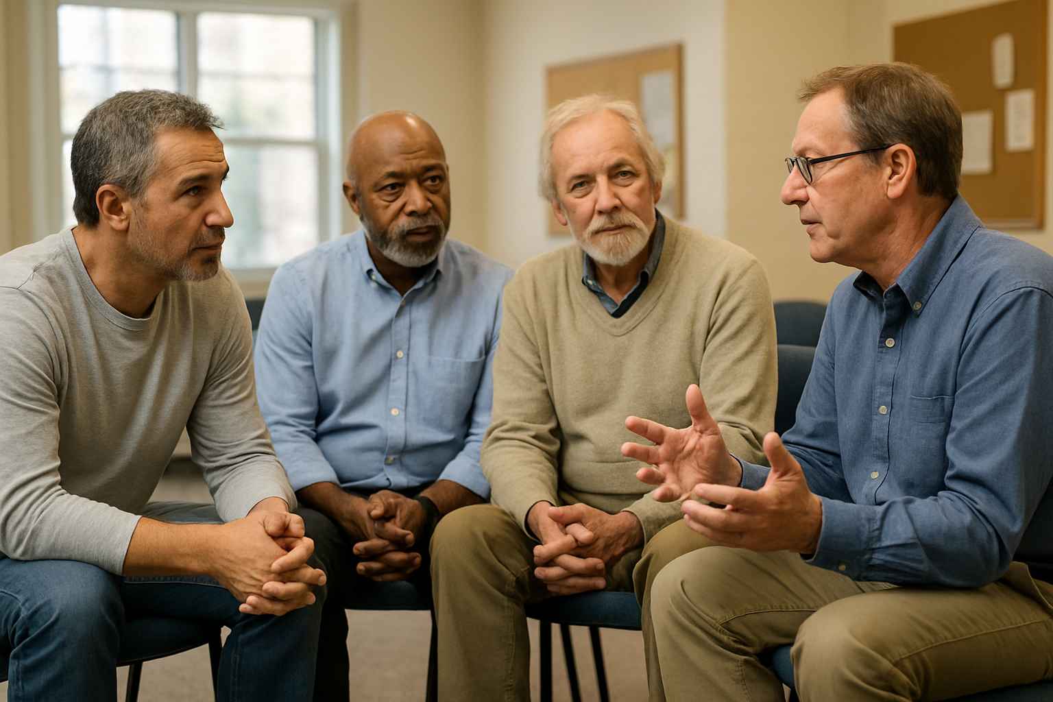 HealingWell Prostate Health Discussion Group Men in a group support meeting for prostate health and treatment discussion