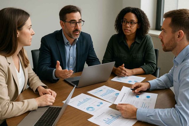 Healthcare Marketers Planning Email Campaign Pharma marketing team reviewing healthcare email marketing strategy