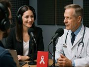 Healthcare Podcasts: Finding the Voice For Your Pharma Brand Healthcare podcast recording with pharma branding in a studio
