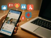 Healthcare Social Media Marketing in the Age of AI Healthcare marketers planning social media campaigns using AI tools in a collaborative office setting