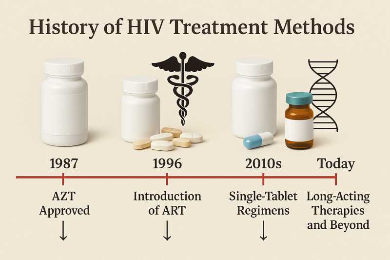 history-of-hiv-treatment-methods Timeline showing the evolution of HIV treatment methods including early drugs and modern therapies.