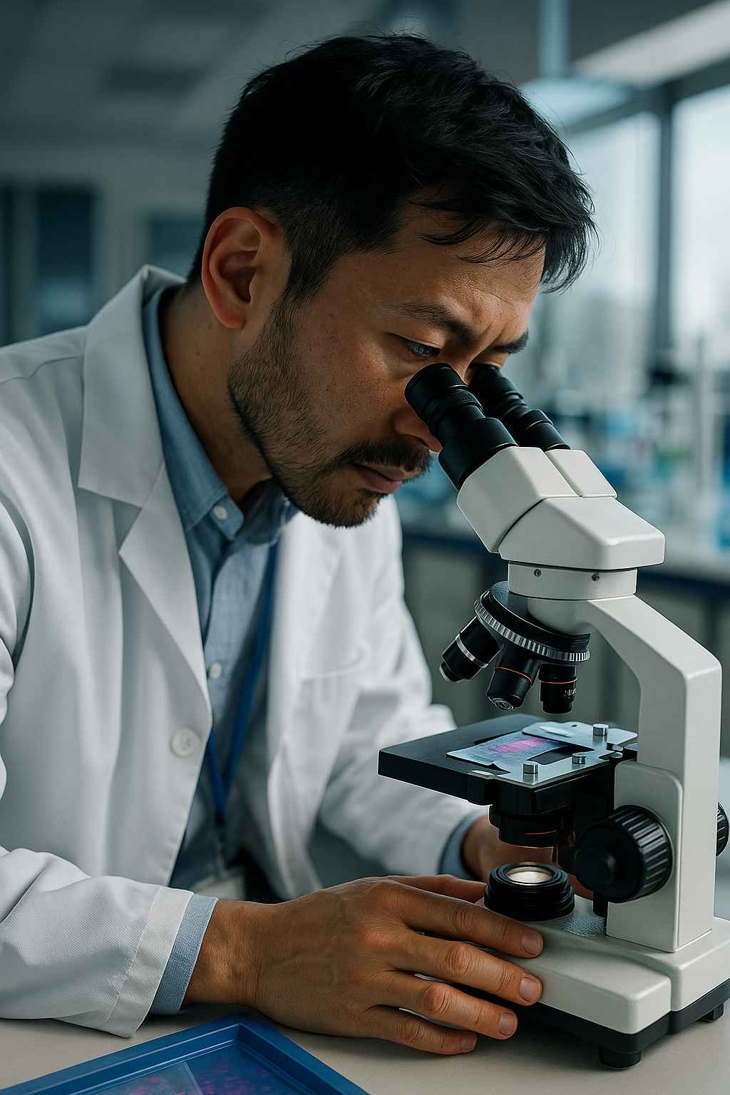 HIV Researcher Using Microscope in Lab Scientist using microscope in lab conducting HIV cure research