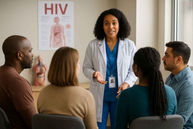 Group of patients attending an HIV education session in a clinic