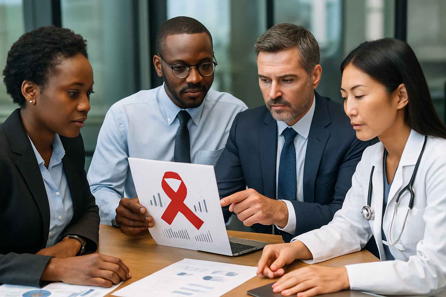 HIV Awareness and Global Strategy Meeting Global healthcare team discussing HIV prevention strategies