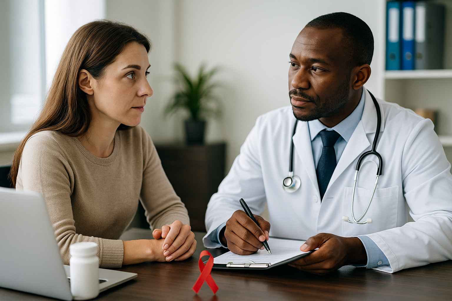 Compassionate HIV Care Consultation Doctor discussing HIV care with patient in clinic setting