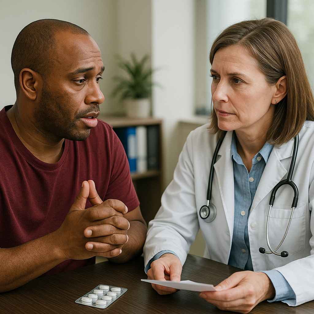 HIV Patient Discussing Medication Side Effects Doctor and patient discussing HIV medication side effects in clinic.