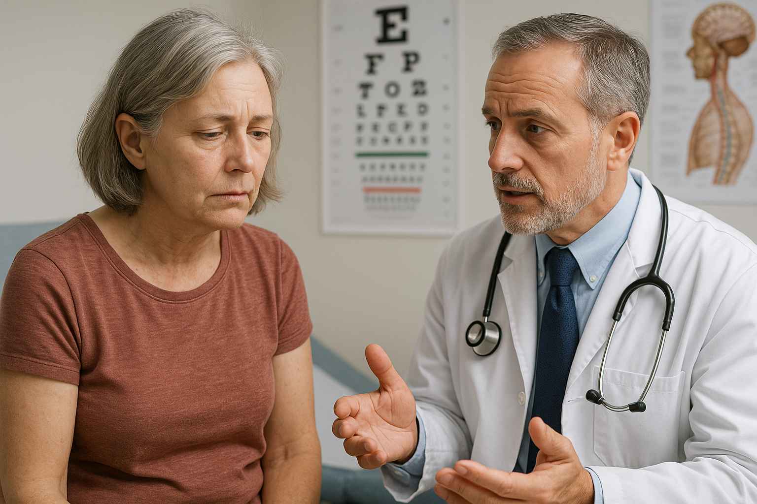 Understanding Huntington’s Disease Symptoms Doctor discussing Huntington’s Disease diagnosis and care plan with a patient in an exam room