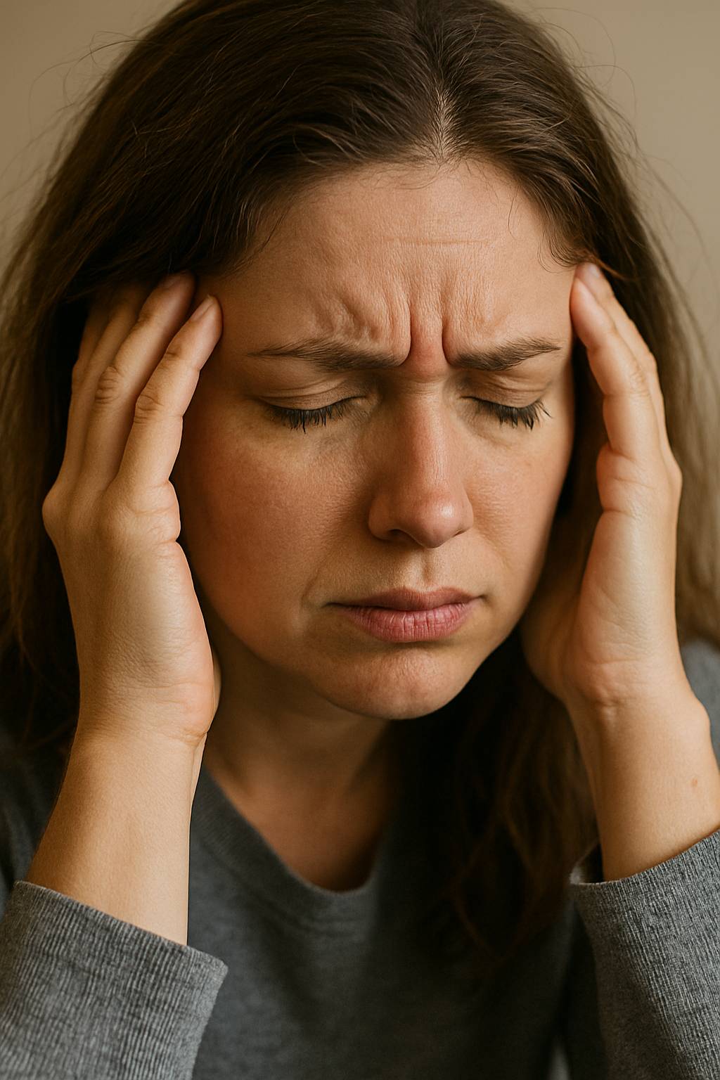 identifying-anxiety-symptoms.jpg Female adult showing common anxiety symptoms at home.
