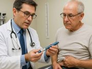 Information on Insulin Glargine For Diabetes Patients Clinician teaching diabetic patient how to inject insulin glargine