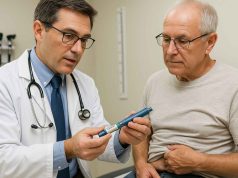 Information on Insulin Glargine For Diabetes Patients Clinician teaching diabetic patient how to inject insulin glargine