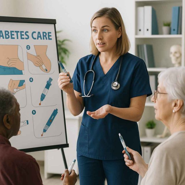 Healthcare professional educating patients about safe insulin use with visual aids and insulin pens