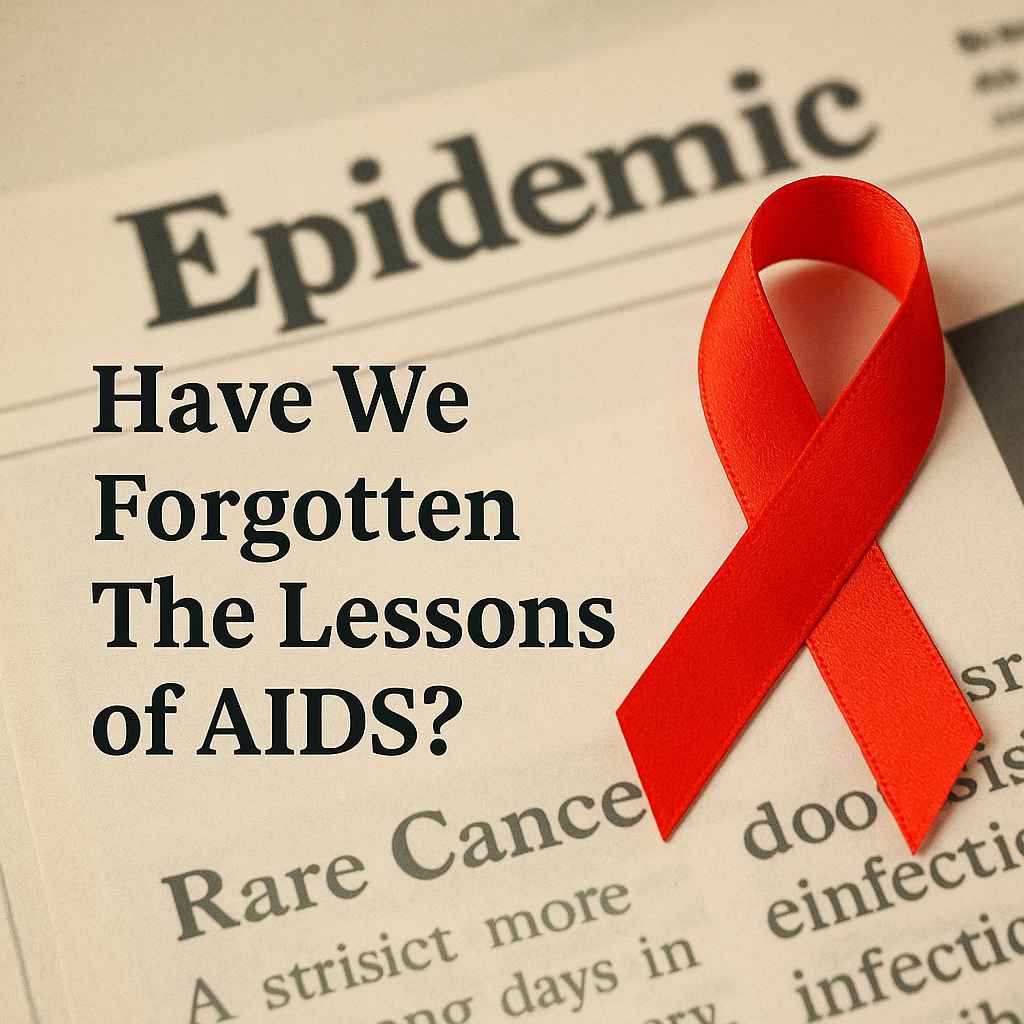 Reflecting on the Lessons of the AIDS Epidemic Healthcare professional with AIDS awareness iconography representing the legacy of the HIV crisis