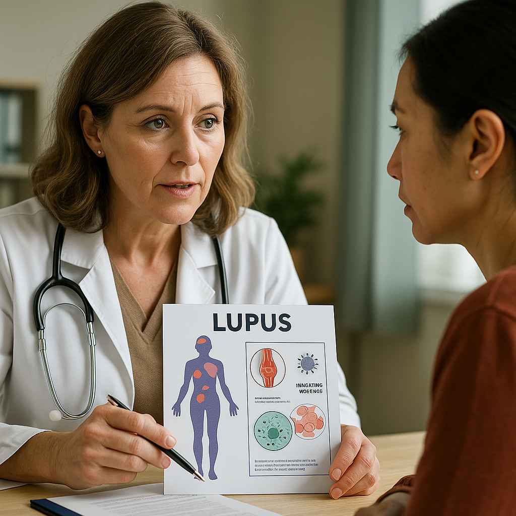 Lupas Education and Prevention Discussion Doctor showing a patient educational materials about Lupas and immune system health