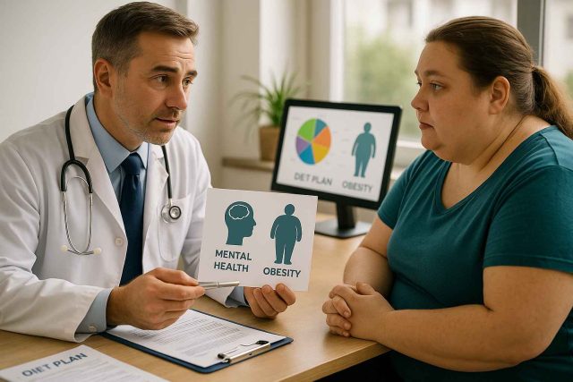 Doctor consulting a patient about how mental health and obesity affect diabetes management