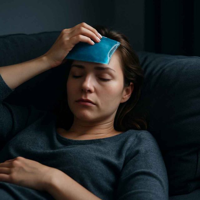 Woman lying in dark room with ice pack on head during migraine