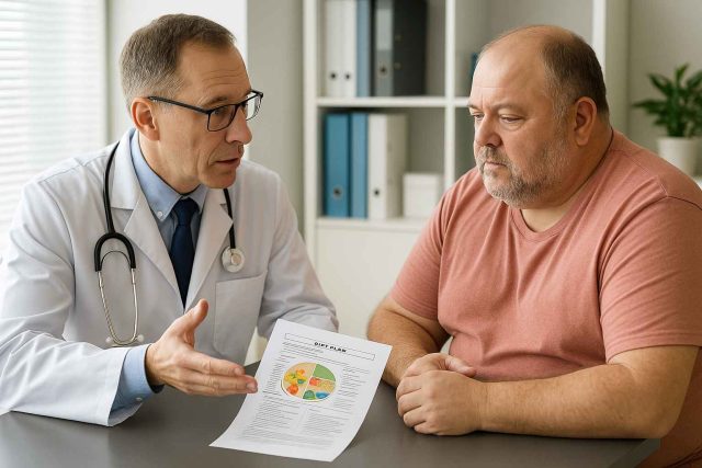 Doctor Discussing Obesity Diet Plan with Diabetes Patient Clinician and diabetes patient reviewing obesity diet plan in office