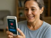 The Rise of Patient-Centric Pharma Marketing: What’s Working in 2025 A middle-aged woman smiles while checking her heart rate on a health monitoring app in her living room. The image highlights digital tools central to patient-centric pharma marketing strategies in 2025.