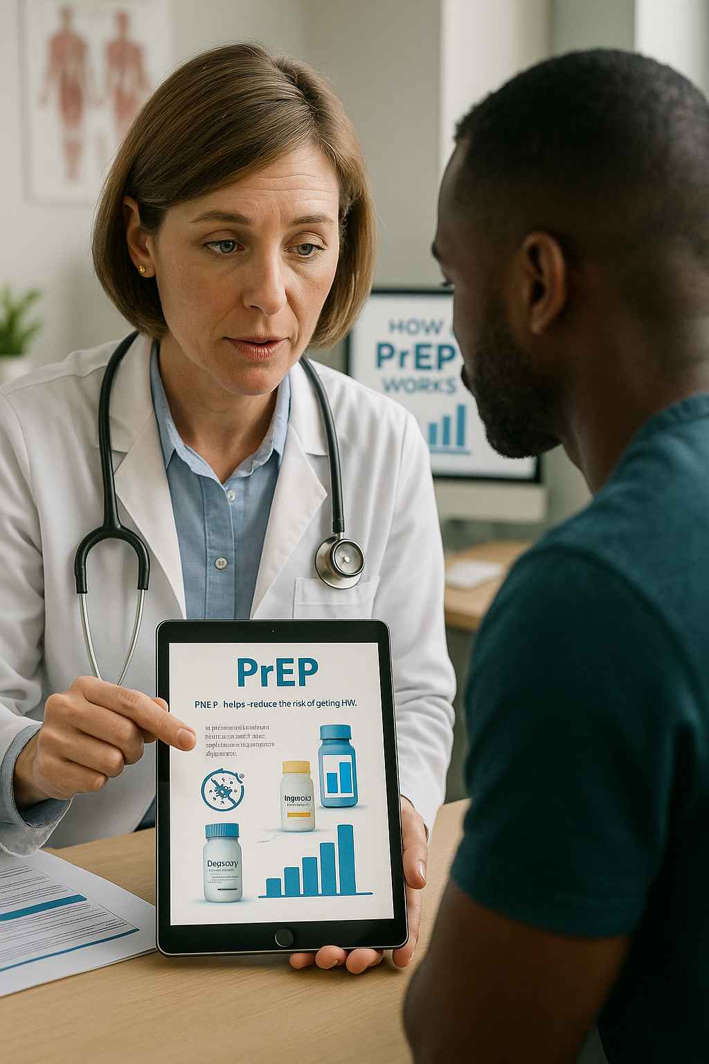 How PrEP Works to Prevent HIV in 2025 Doctor showing a patient how PrEP works with charts and medication visuals during a consultation