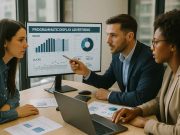 Basics in Programmatic Display Ads Pharma marketing professionals examining programmatic display ad analytics on multiple screens