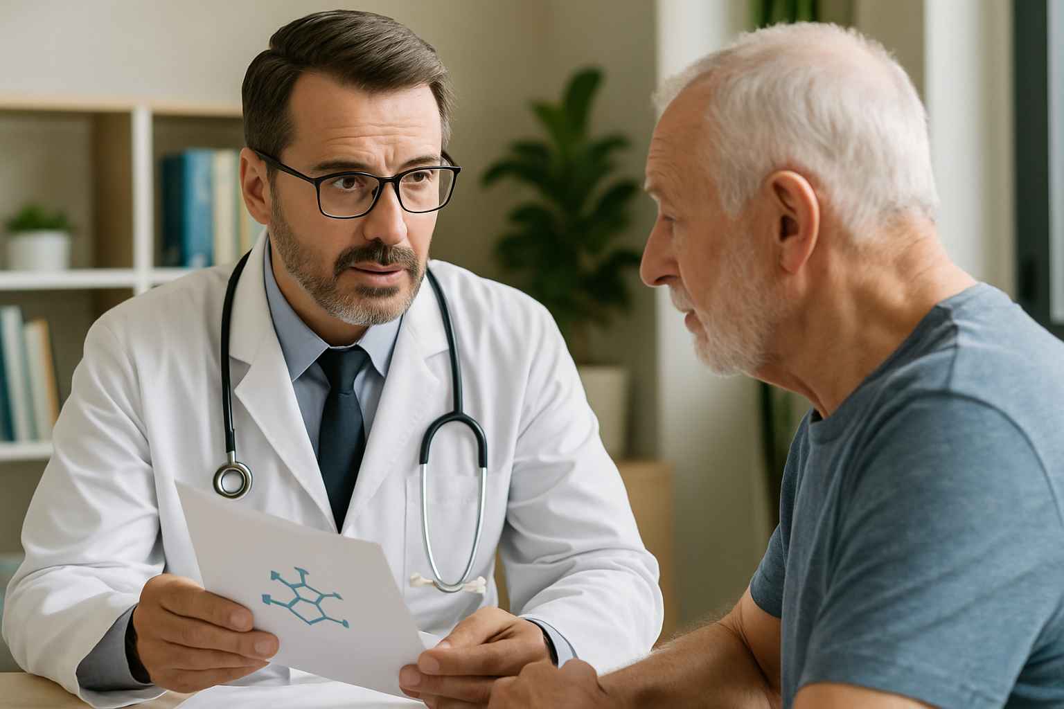 Prostate Cancer Research Discussion Doctor reviewing prostate cancer treatment research with patient in medical office.