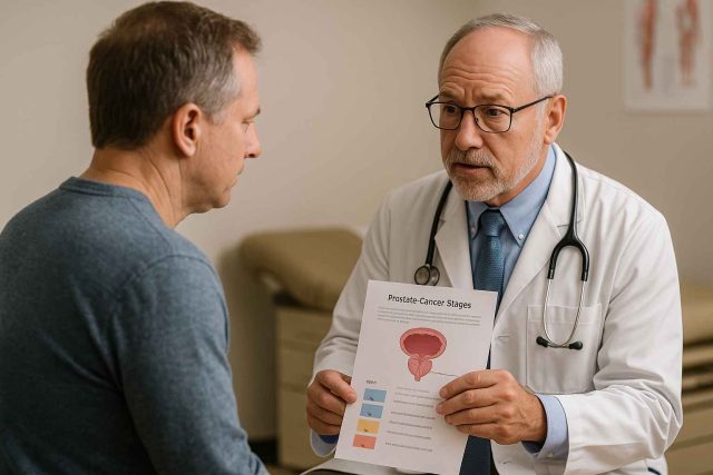 Doctor explaining prostate cancer stages to a patient in an exam room
