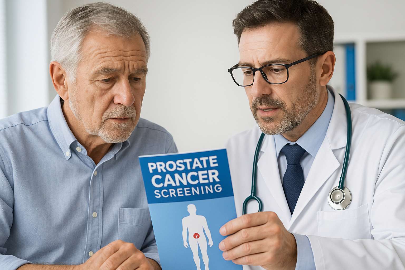 prostate-cancer-screening-guide.jpg Doctor and patient discussing prostate cancer screening steps during office visit.