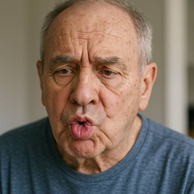adult showing symptoms of tardive dyskinesia at home.