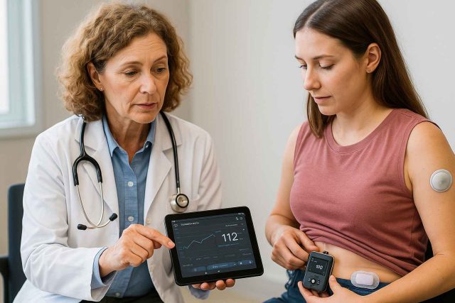 Doctor and patient reviewing Type 1 diabetes tech and CGM data