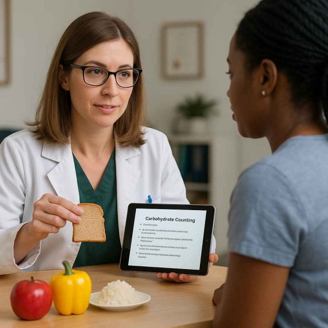 Dietitian teaching a patient with Type 1 diabetes about diet and insulin coordination in a clinical setting