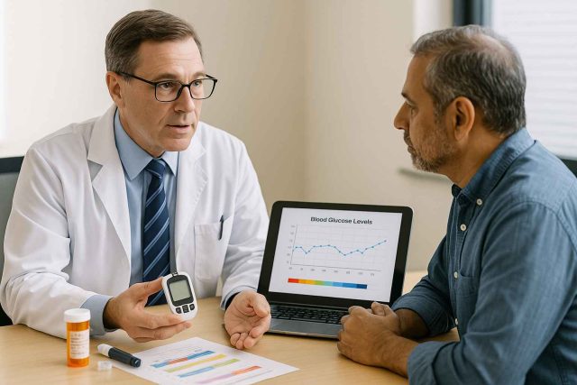 Doctor and patient reviewing digital tools and medications for managing Type 2 diabetes in 2025